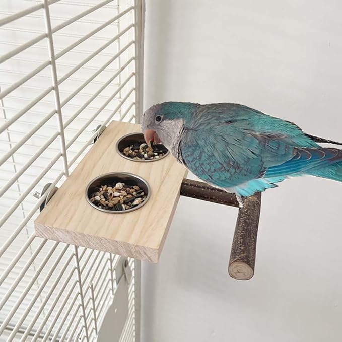 Bird Food Stainless Steel Cups Wooden Perch Stand Hanging Feeder Bowls Feeding and Watering Supplies for Parakeets Conures Cockatiels Budgie Parrot (with Two Cups)
