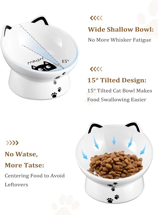 Yedio Porcelain Raised Cat Bowl, Tilted Cat Food Bowl with Anti Slip Band, Stress Free, Elevated Porcelain Pet Bowl Protect Pet's Spine, Backflow Prevention, Dishwasher Safe, White