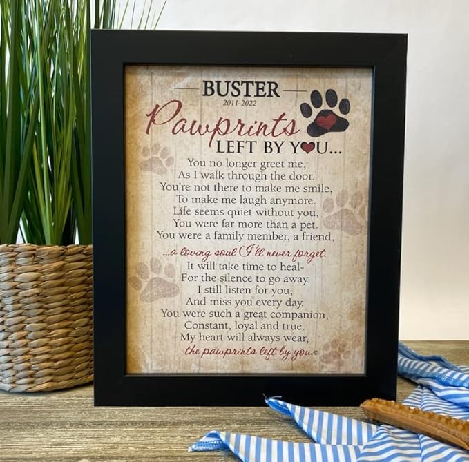 Pawprints Pet Memorial Frame with Pawprints Left by You Poem - Touching Dog Sympathy Gift for Pet Loss Remembrance (Personalized Poem Art Framed 8x10)