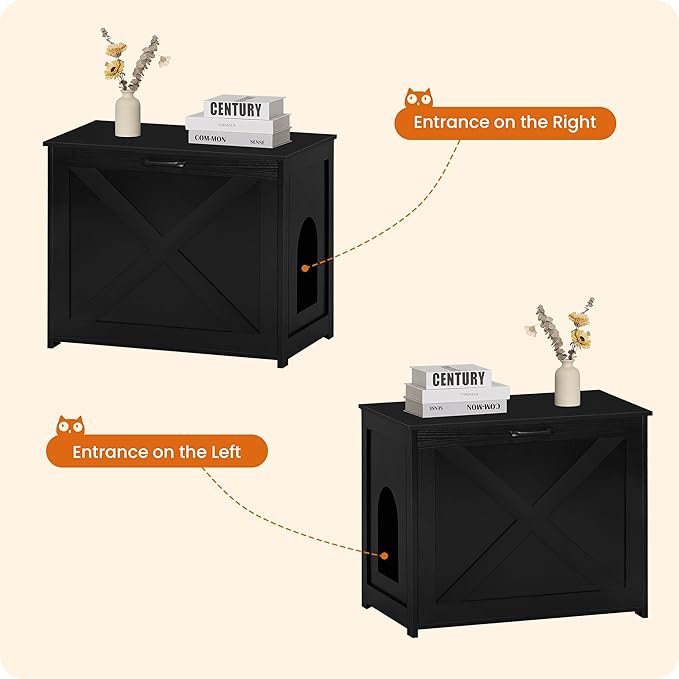 Dwanton Cat Litter Box Furniture Hidden, Cat Litter Box Enclosure, Reversible Entrance Can Be on Left or Right Side, Indoor Cabinet, Wooden Washroom, End Table, Nightstand, Black, 27.6" L
