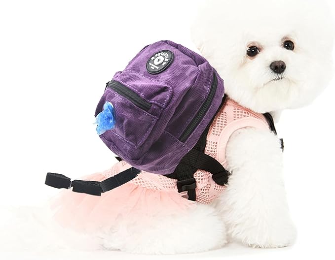 FLAdorepet Dog Backpack Harness with Leash, Dog Poop Bag Dispenser, Pet Self Carrier Adjustable Travel Hiking Walking Harness Backpack for Small Medium Dogs (S((Fit:5-10lb) Purple)