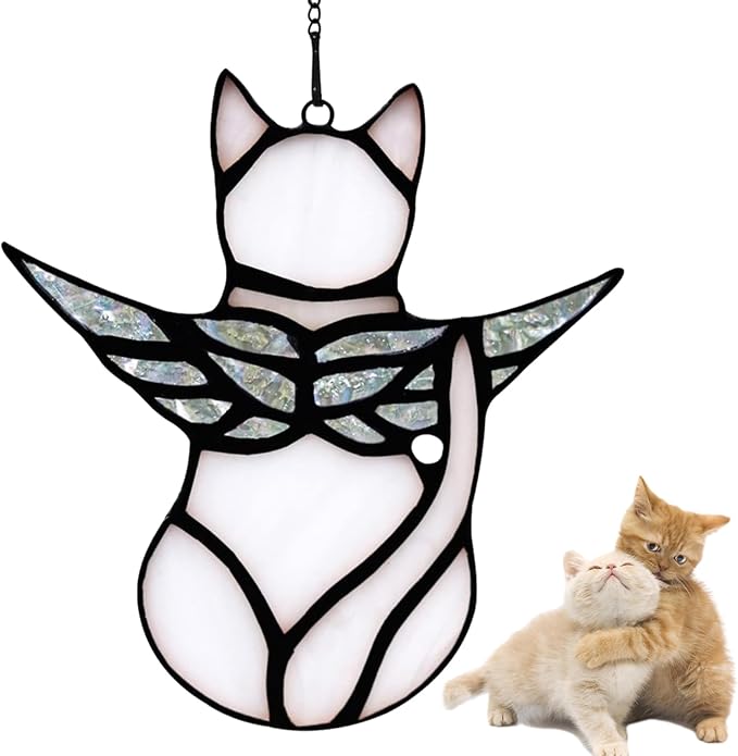 Angel Cat Memorial Present Ornaments, Acrylic Window Hanging Decorations for Cat Lovers, Angel Wings Suncatcher Decor, Pet Memorial Sympathy Present Statue (White)