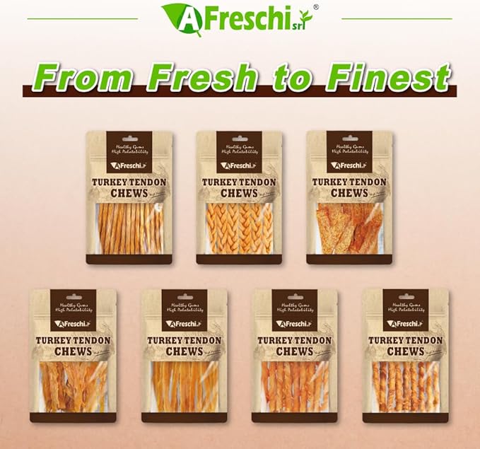 A Freschi srl Turkey Tendons for Dogs, USA-Sourced, Healthy Dog Treats, Rawhide-Free Puppy Chews, Long Lasting, All Natural, Hypoallergenic Dog Treats, Sliced, 3.5 oz Pack