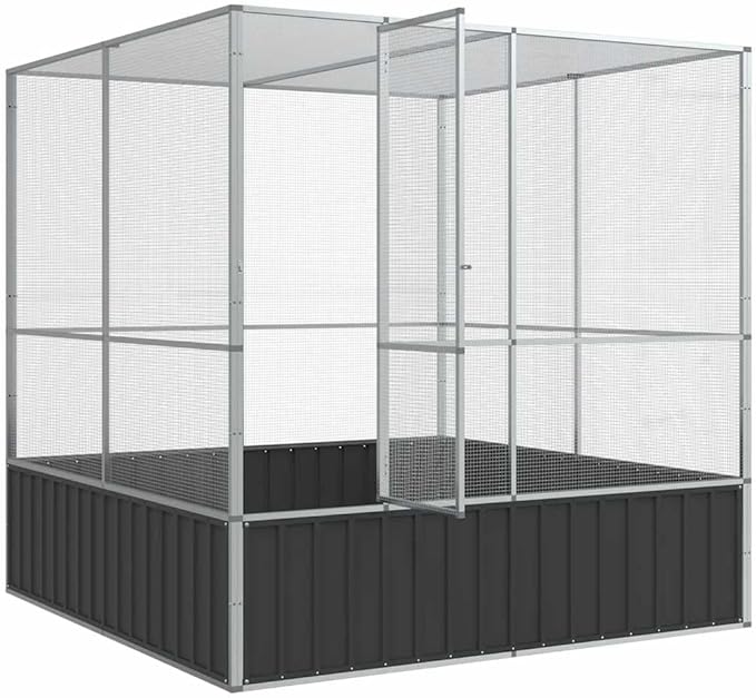 vidaXL Aviary Silver - 83.1"x81.5"x83.5" Galvanized Steel Bird/Parrot Cage - Spacious, Sturdy, Mesh Grid, Lockable Door for Safety