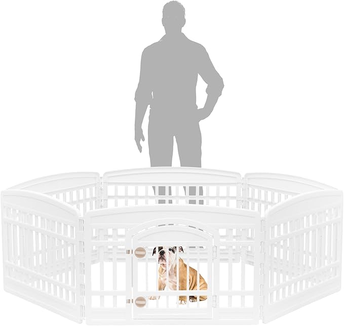 IRIS USA Dog Playpen Puppy Playpen Indoor – 24" 6-Panel Dog Playpen with Door, 61 x 61 x 24, Dog Play Pen Indoors for Puppies & Small Dogs, Plastic Pet Playpen, Indoor Dog Pen, White