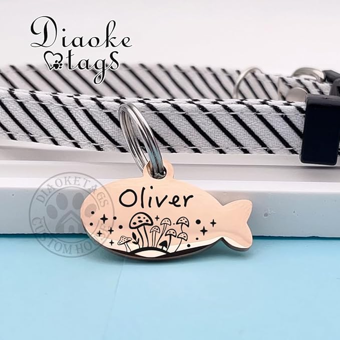 Stainless Steel Cat ID Tag Personalized Pet Tags with up to 4 Lines of Custom Text, Small Pet Mini Dog Cat Tag Lightweight, Engraved on Both Sides, Multiple Patterns Colors Size Options (Mushroom)