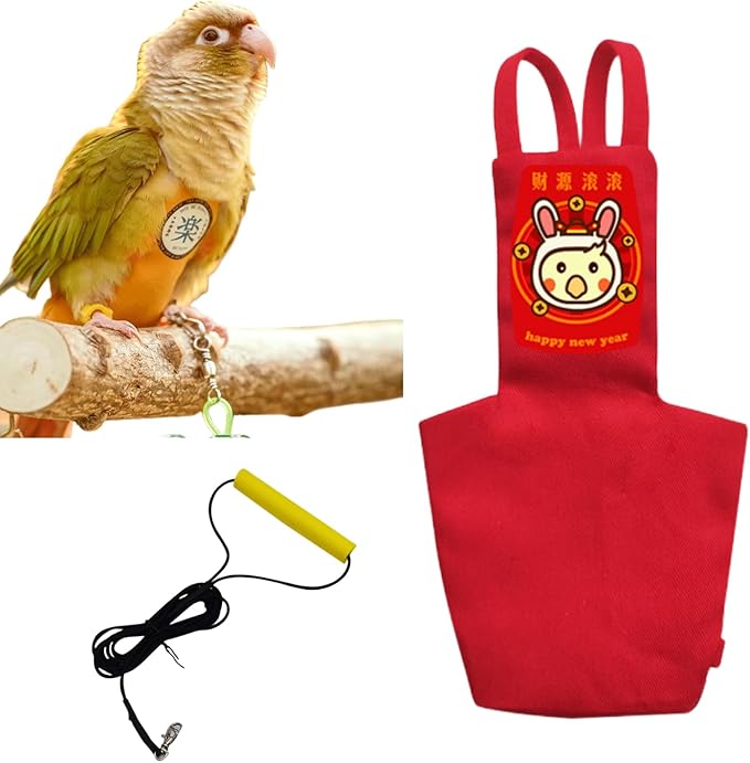 MANON ROSA Bird Diapers Leash Set Washable Reusable Handmade Flight Suit Waterproof Inner Layer - Protective Parrot Nappy Clothes Parakeets Macaws Budgies Canaries (Red1,Blue Monk Parakeet)
