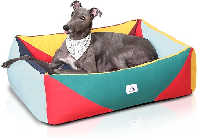 Washable Rectangle Dog Bed with Removable Cover, Color-Block Gingham Cotton Large Dog Sofa, Durable Breathable Scratch Resistant Pet Bed, Large