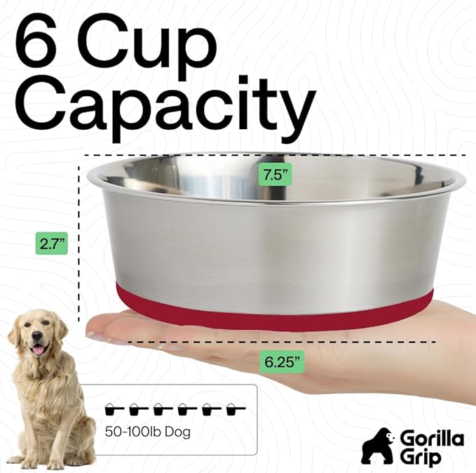 GORILLA GRIP Dog Bowls, Heavy Duty 304 Stainless Steel, Holds 6 Cups Each (48 fl oz) Food and Water Bowl for Feeding Dogs and Cats, Dishwasher Safe, Rust Resistant, BPA Free Rubber Base Set of 2 Red