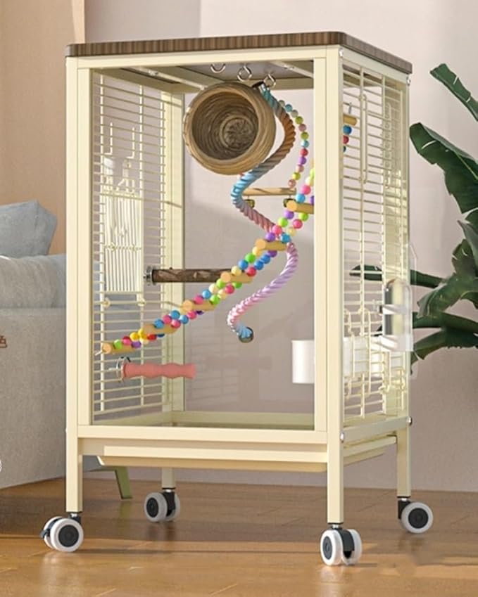 Medium Bird Cage with Rolling Wheels, Modern Clear Decorative Birdcage for Lovebirds, Hill Mynas, Budgerigars, Sun Conures, Munias, White-Eyes(Beige)