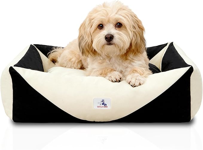 Washable Rectangle Dog Bed with Removable Cover, Color-Block Gingham Cotton Puppy Sofa, Breathable Scratch Resistant Pet Bed, Small