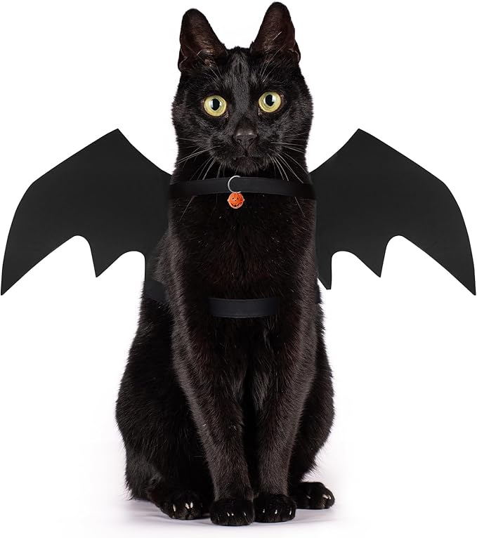 Cat Halloween Costume, Cat Costumes, Small Dog Halloween Costumes - Bat Wing with Pumpkin Bell for Pet Halloween Cosplay Party Dress Up Accessories (Small)