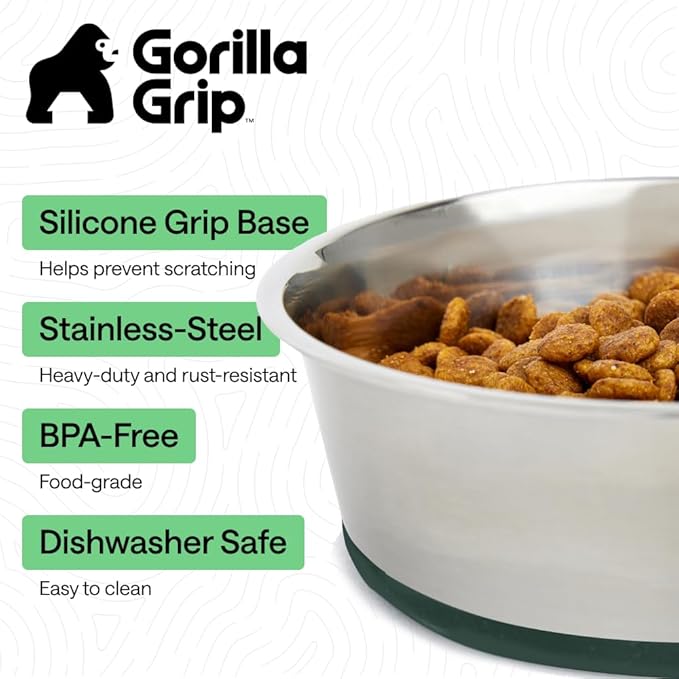 GORILLA GRIP Dog Bowls, Holds 4 Cups Each (32 fl oz), Heavy Duty Stainless Steel Food and Water Bowl for Feeding Dogs and Cats, Dishwasher Safe, Rust Resistant, BPA Free Rubber Base, Set of 2 Green