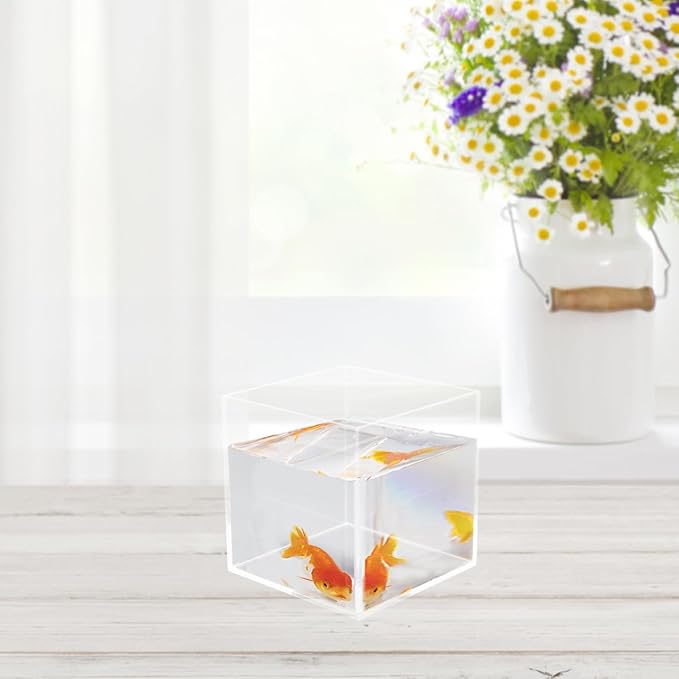 Housoutil Square Acrylic Fish Tank Mini Betta Aquarium for Turtles and Aquatic Plants Versatile Desktop Decor for Home Office and Parties