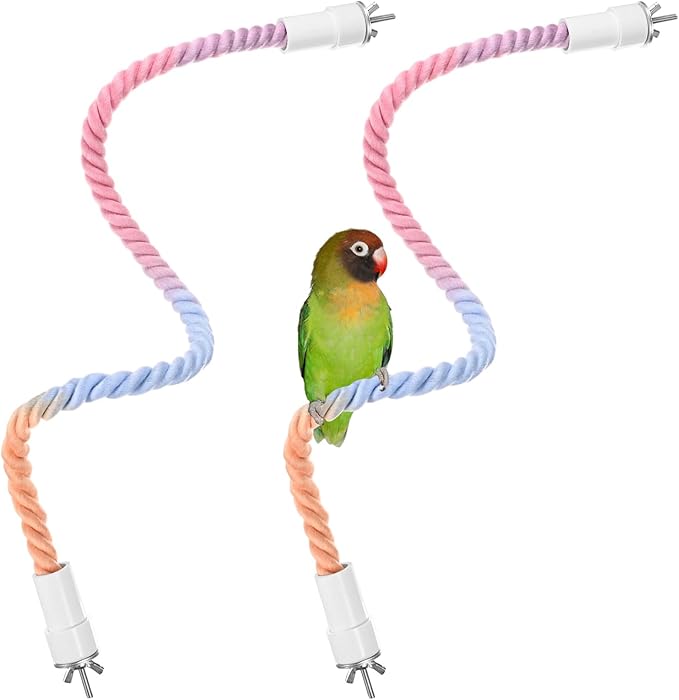 2-Pack Rope Perches for Bird Cages, 23.6 in Length Comfort Grip Flexible Rope Perch Beak & Paw Grinding for Parrots/Cockatiels/Parakeets, Bird Platform Sand [Pink Blue]