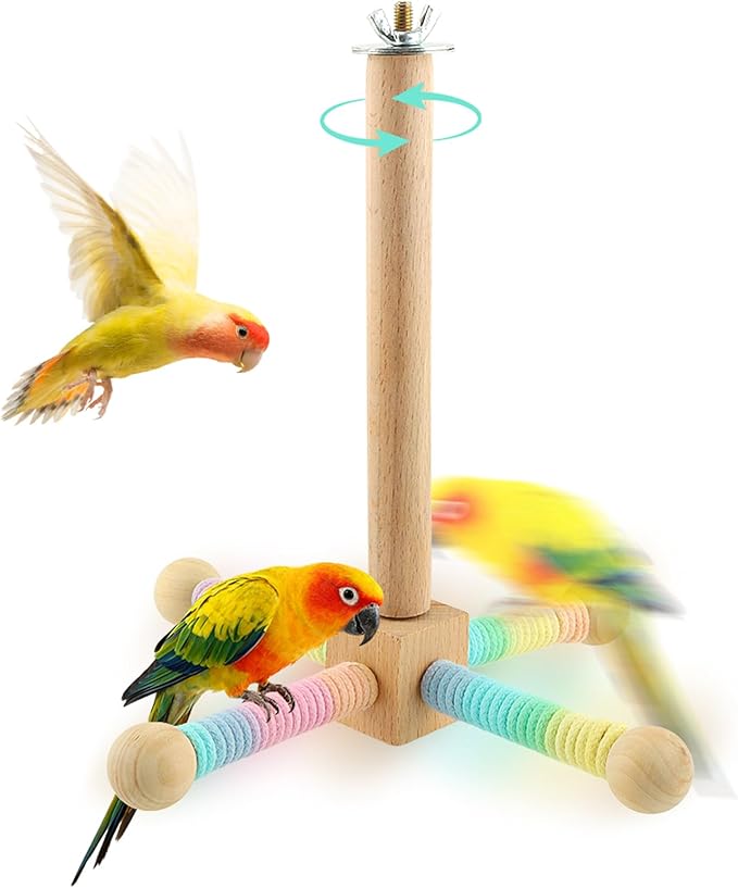 Spinning Bird Perch Toy, Interactive Wooden Exercise Stand with 4 Rotating Perches for Parakeets, Budgies, Cockatiels, Conures & Small Medium Parrots(Colorful,Size:/)