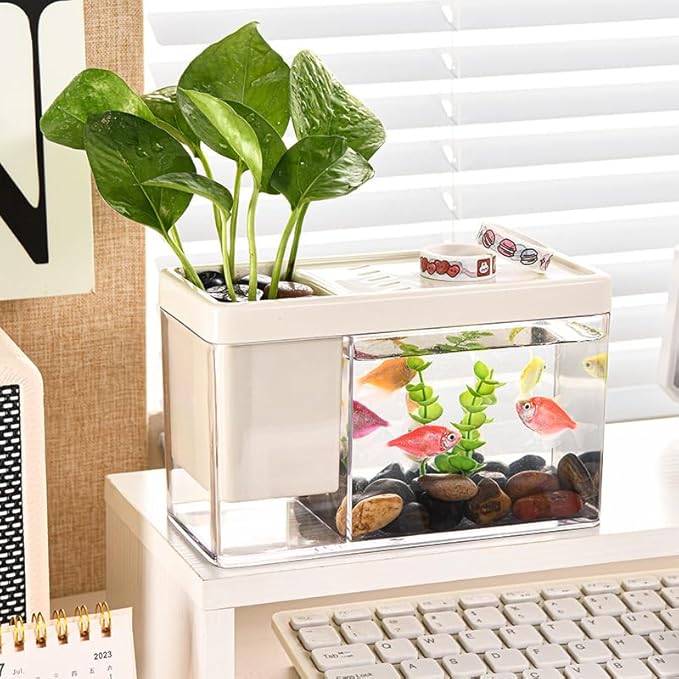 Mini Betta Fish Aquarium - 0.2 Gallon Plastic Tank, Desktop Office Small Fish Tank - Pen Holder Storage, Create Different Desktop Landscape (White)