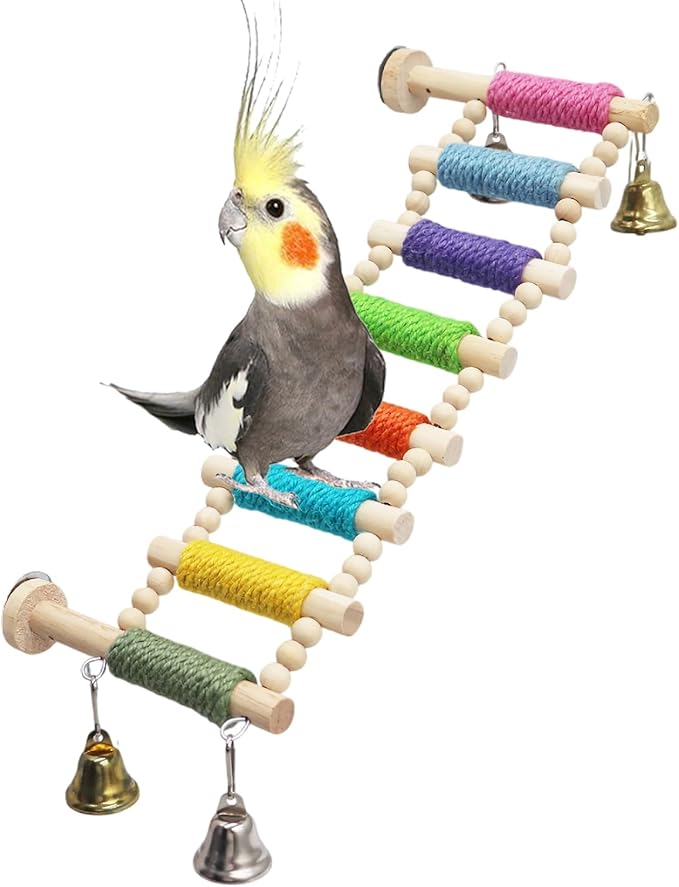 Bird Cage Accessories, Wooden Bridge with Colorful Rope on Steps, Bird Climbing Ladder Perch for Budgies, Cockatiels, Lovebirds, Quakers, Green Cheeks, Other Small to Medium Birds