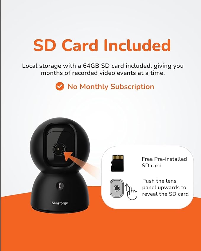 Sensforge 2.5K Indoor Pan-Tilt Dome Security Camera, AI Human & Pet Detection, 360° Coverage, Two-Way Audio, Dual-Band Wi-Fi (2.4G/5G), 64GB SD Card Included, No Monthly Fees (2, Black)