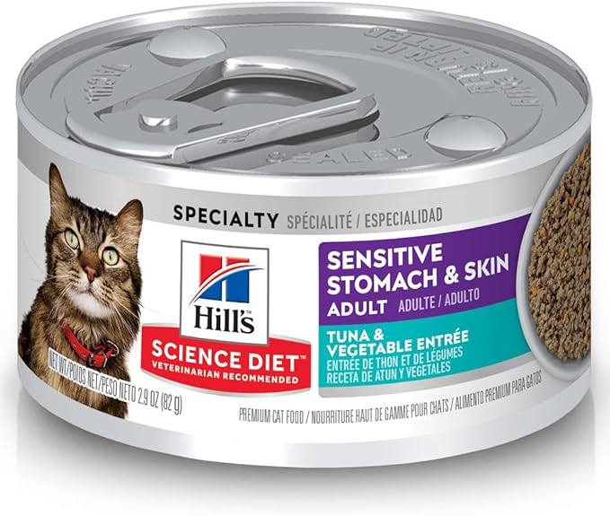 Hill's Science Diet Sensitive Stomach & Skin, Adult 1-6, Stomach & Skin Sensitivity Support, Wet Cat Food, Tuna & Vegetables Minced, 2.9 oz Can, Case of 24