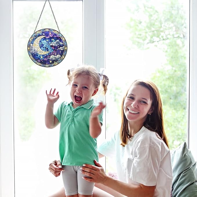 Moon Suncatcher Stained Glass Window Hanging Decor-Celestial Night Sky Design for Indoor Windows, Bedroom or Living Room, Unique Gift for Women, Housewarming, New Home and Spiritual Space Decoration