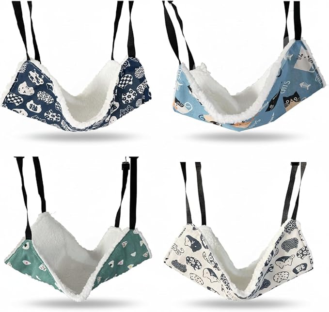 4 Pack Cat Hammock for Cage, Reversible Cat Hanging Hammock Soft Large Double Sided Pet Bed with Adjustable Straps & Metal Hooks for Cats Ferret Kitten Puppy Rabbits Small Animals