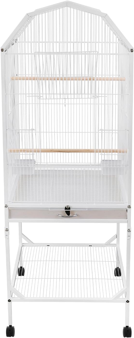 Large 46" Rolling Bird Cage for Mid-Sized Parrots with Detachable Stand, 4 Universal Wheels & Removable Tray, Iron Birdcage for Cockatiels, Parakeets, Finches (White)