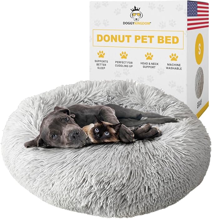 Calming Round Donut Dog Bed Pillow, Washable, Anti Anxiety, Anti-Slip, Cozy Soft Cuddler Comfort Bed with Fluffy Plush Faux Fur for Large Medium Small Sized Dog - Gray, S 28 inch