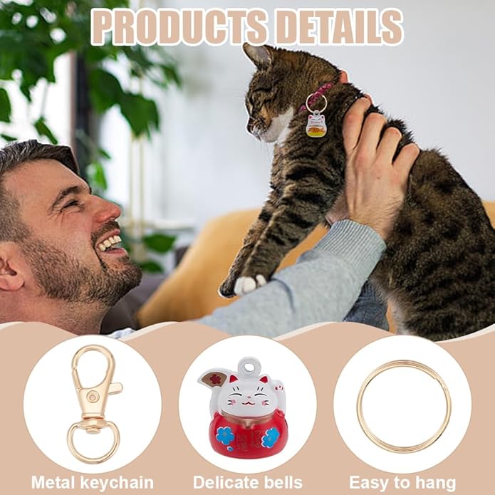 WEBEEDY 9 PCS Lucky Cat Collar Bells 3 Styles Pet Collar Bells Charm with Key Rings Brass Fortune Cat Collars Charms Loud Sound Small Animal Pendant for DIY Bag Keychain Home Decoration Supplies
