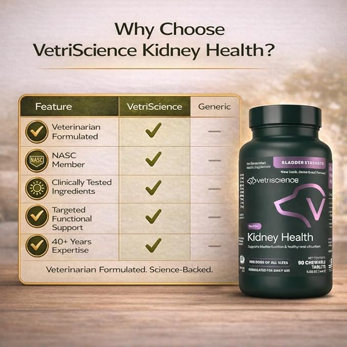 VetriScience Kidney Health Chewable Tablets, Renal Essentials Supplement for Dogs, Urinary Tract and Kidney Support with Mushroom, Astragalus Root, Nettle Seed and Herbs, Smoke, 60 Count