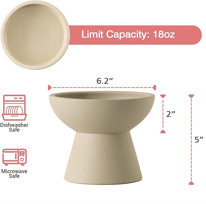 Extra Wide Elevated Ceramic Cat Water Bowl - 6.2" Deeper Dish for Whisker Fatigue Relief, 5" Height for Easy Feeding, Lead & Cadmium Free, Durable Raised Cat Bowls, Pottery Clay (Not Glazed)