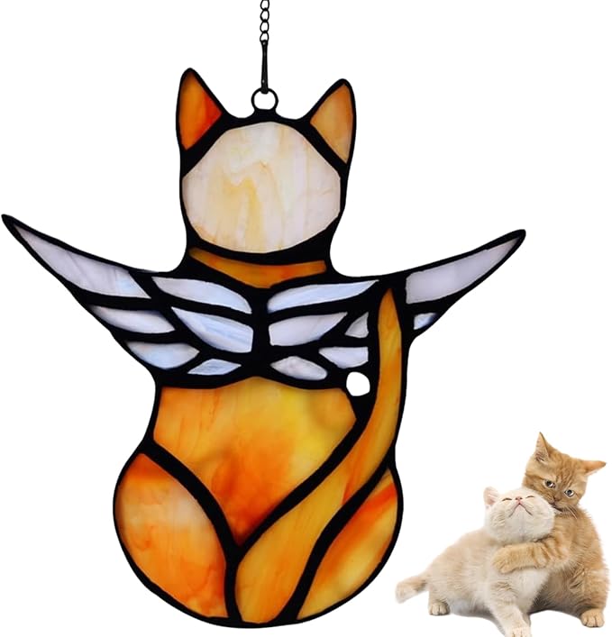 Cat Angel Memorial Statue, Stained Glass Window Hanging Decorations, Loss of Cat Sympathy Gift, Pet Memorial Sympathy Gifts Decoration, Miniature Hanging Ornament