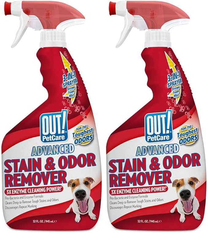 OUT! PetCare Pet Odor & Stain Remover Spray, Carpet & Floor Cleaner, Deodorizer for Dogs & Cats, Made in USA, 32 fl oz (2 Pack)