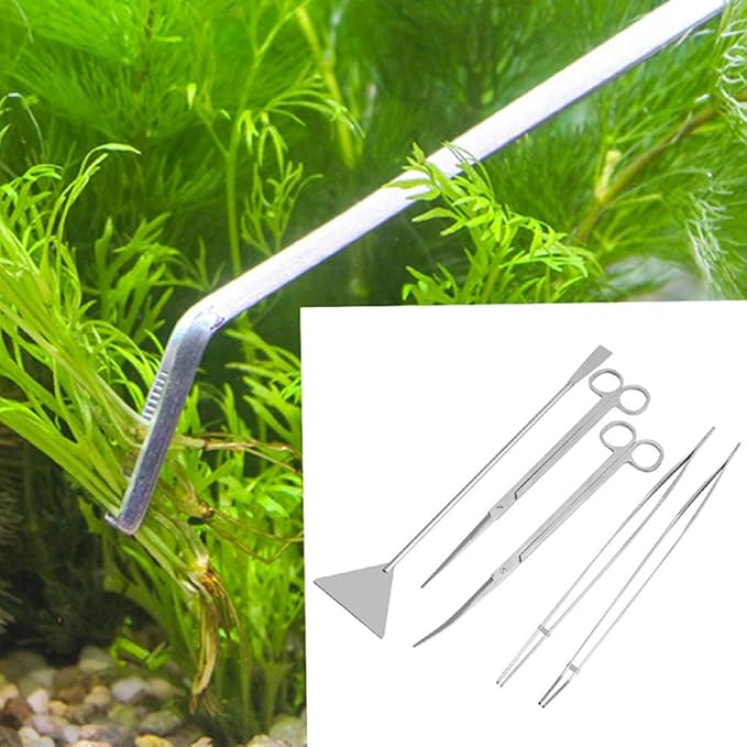 Sosoport 6pcs Stainless Steel Aquarium Tools for Plant Maintenance Includes Flat Shovel Straight Curved Tweezers Mirror Finish Scissors for Freshwater Tanks