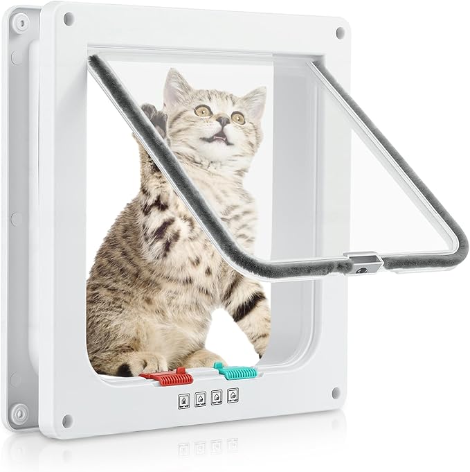 Cat Door for Interior Exterior Door (Outer Size 7.75" x 7.5"), 4-Way Locking Flap for Cats & Dogs(Circumference < 20"), Weatherproof Pet Door, White, ABS Material (M)