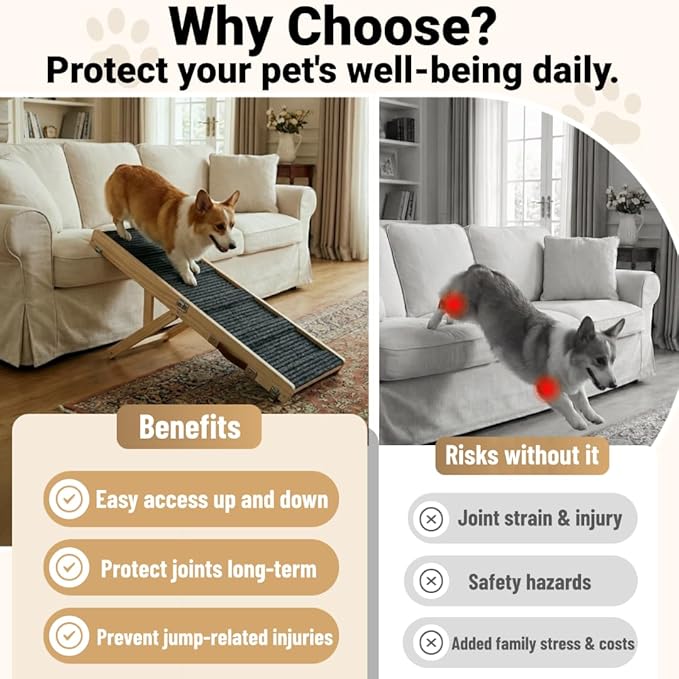Dog Ramp for Couch & Bed for Small Dogs, Foldable Small Dog Ramps for Sofa - 31.5" LX12 W, 4 Adjustable Height, Portable, Stable, Non-Slip, Carry Handle, Wood