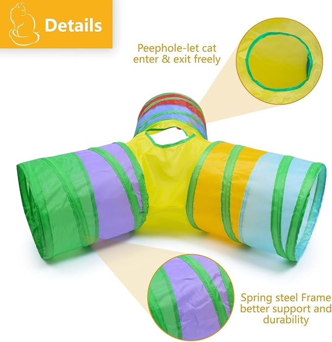 3 Way Cat Tunnel Collapsible Fun Pet Play Tube Toys for Cats, Kittens, Puppies & Rabbits - Portable Tunnel with Hanging Ball for Indoor Play, Hideout & Exercise