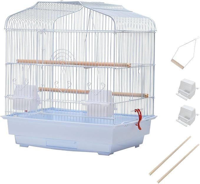 Portable White Bird Cage for Small & Medium Birds, Travel and Home Use, Parrot Cage with Wooden Perch, Swing, Food Bowls & Removable Tray, Ideal for Budgies, Cockatiels, Canaries