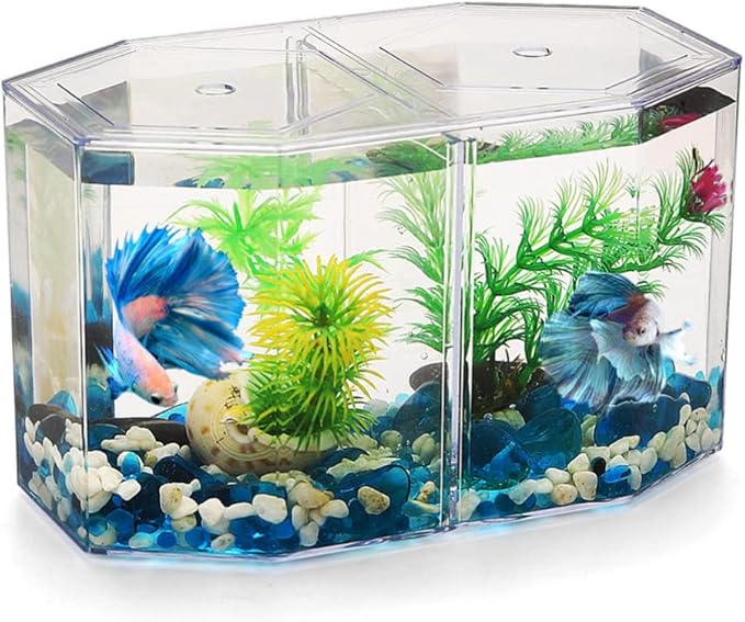 Acrylic Fish Tank Isolation Box with Two Compartments 7.87X4.72X4.33 Inch Clear Octagonal Breeding Tank for Betta and Small Tropical Fish Home Aquarium