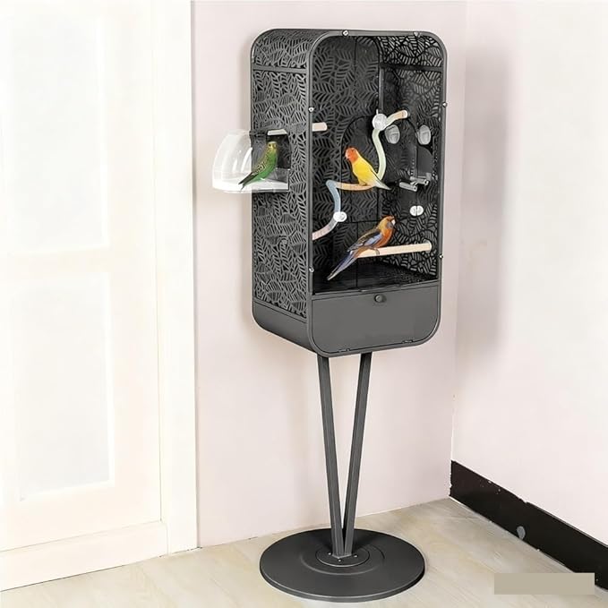 Metal Birdcage with Stand, Decorative Small Bird Cage for Parakeets, Cockatiels, Budgies, Indoor Bird Decor for Home(Black)