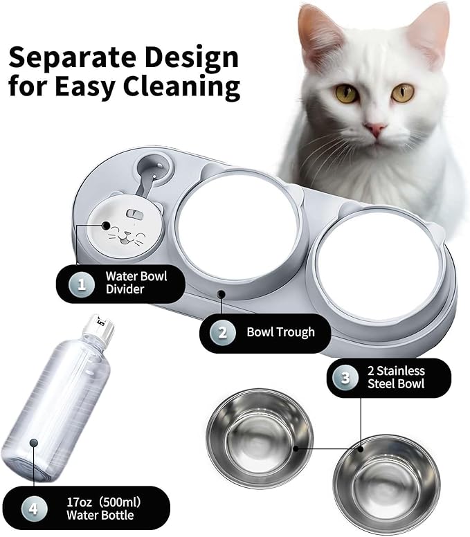 Marchul 3 in 1 Cat Bowl, Cat Food and Water Bowl Set with Water Dispenser and Stainless Steel Bowls, 15° Tilted Pet Raised Three Bowls for Indoor Cats, Small or Medium Sized Dogs，(Light Gray)