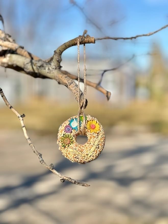 8-Pack Hanging Bird Seed Ornaments w/ 100% Edible Flowers & Wheat Stalks, Circle Shape, 3 Seed Blends Included, 100% Edible (Safe for Bird Consumption)