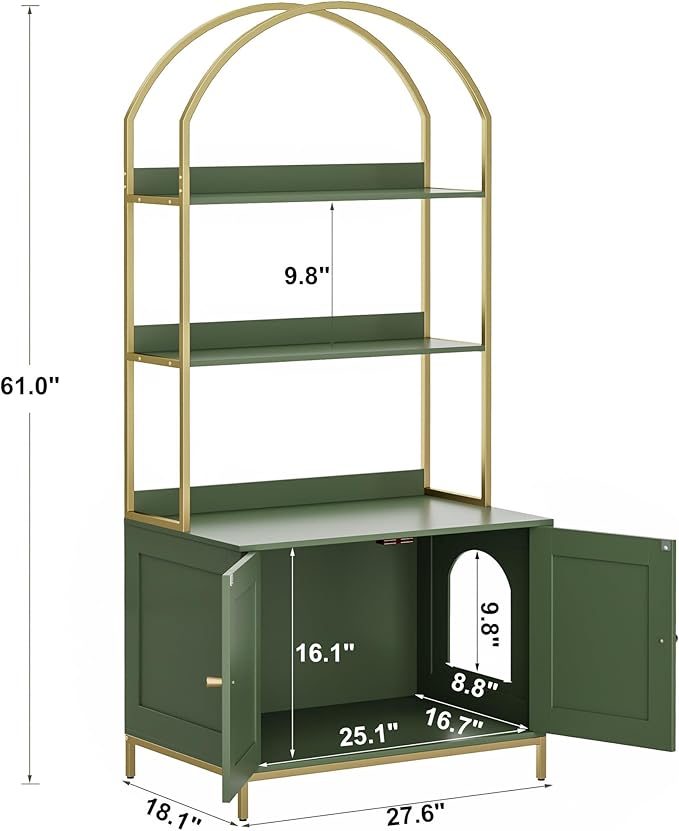 Homhedy Cat Litter Box Enclosure, Litter Box Furniture Hidden with 2-Tier Storage Shelves, Wooden Cat Washroom Furniture with Metal Frame, Modern Style, Green and Gold