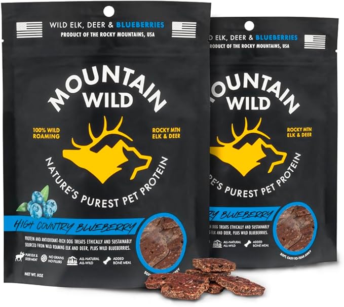 High Country Wild Blueberry Elk & Venison Multipurpose Dog Treats - Natural Grain-Free Puppy & Dog Snacks - Protein for Training & Reward - No Fillers, No Artificial Preservatives, 8oz 2 Packs