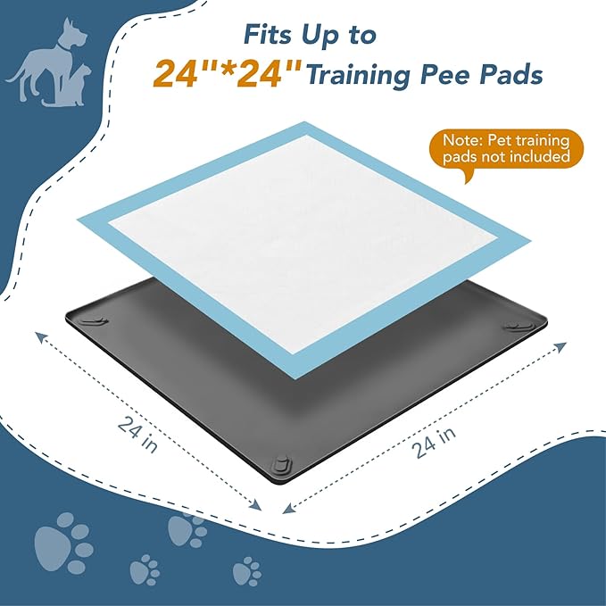Pee Pad Holder for Dogs, 24" x 24" Non-Slip Silicone Puppy Pee Tray Mat with 4 Magnetic Clips, Reusable, No Spill Raised Lip High Edge, Leak-Proof Puppy Toilet Training Pad for Indoor Floor Protection