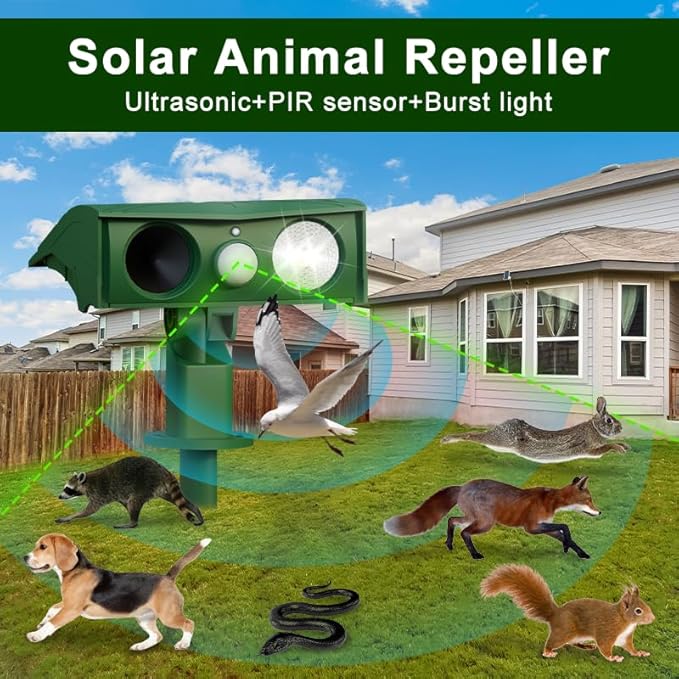 Animal Repellent Solar Powered Ultrasonic Animal Repeller Motion Sensor and Flash Light Outdoor Weatherproof Farm Garden Lawn for Cat Dog Coyote Bird Skunk Snake Raccoon Rabbit Squirrel (1 Pack)