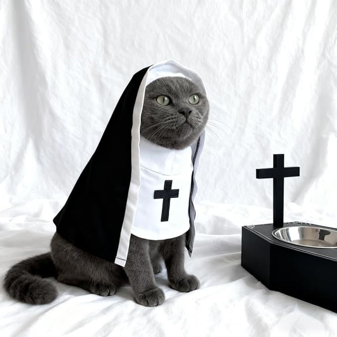 Halloween Cat Costume Nun Dress - Funny Pet Cosplay Apparel for Cats & Small Medium Dogs, Adjustable Nun Habit Cloak for Halloween Party, Christmas, Holidays - Cute Pet Clothing Costume Accessories
