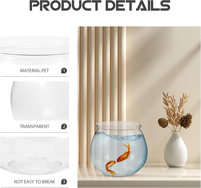 3pcs Plastic Fish Bowls Transparent Small Plastic Fish Tank Shatterproof Fishbowl Small Fish Tank Clear Round Aquarium for Betta Fish Goldfish Candy Wedding Party Favor Desktop
