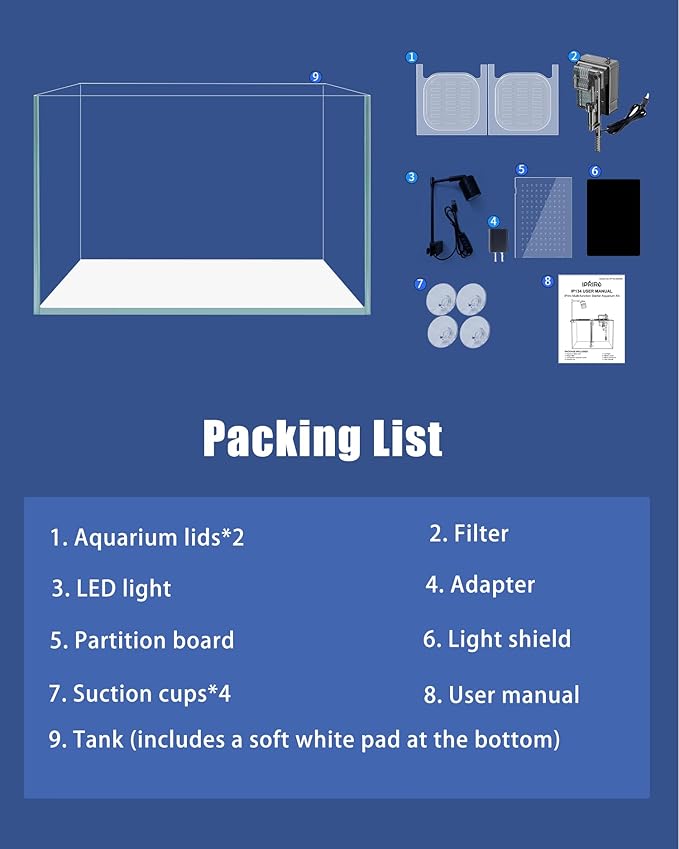 Fish Tank, 3 Gallon Ultra-Clear Glass Fish Aquarium, with Separator Plate for Betta, Fish Tank Starter kit with Filter and Adjustable Led Light, White
