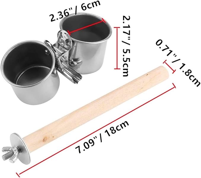 Bird Perch with Feeder CupsBowls Stainless Steel Odorless with Holder Hanger for Outside Durable Water Food Dispenser for Parakeet Cockatiel Conure African Grey Macaw Cage Accessories (A-18CM)